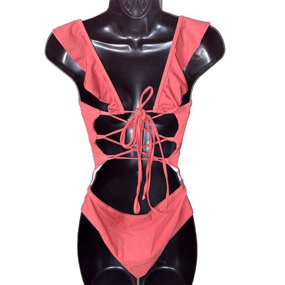 ZAFUL Women's Deep V-Neck Ruffle One Piece Swimsuit Red Size US 8 NWT - Picture 5 of 6